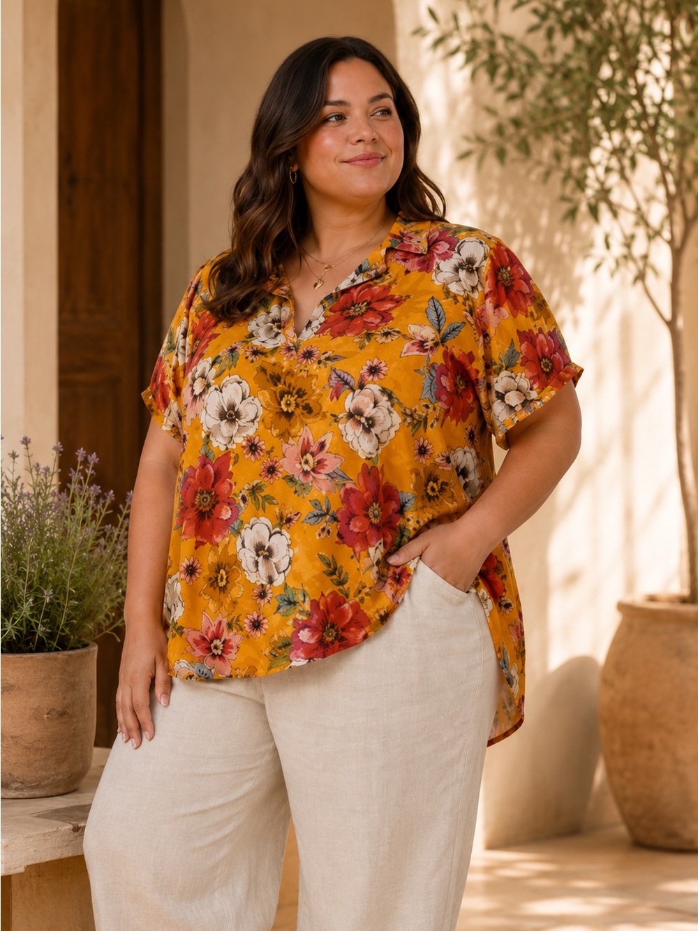 DR2 Mustard Floral Split V-Neck Short Sleeve Blouse